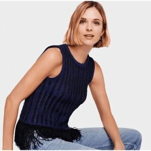 White + Warren‎ Mid Gauge Fringe Detail Tank Navy Black Cotton Blend Size Medium